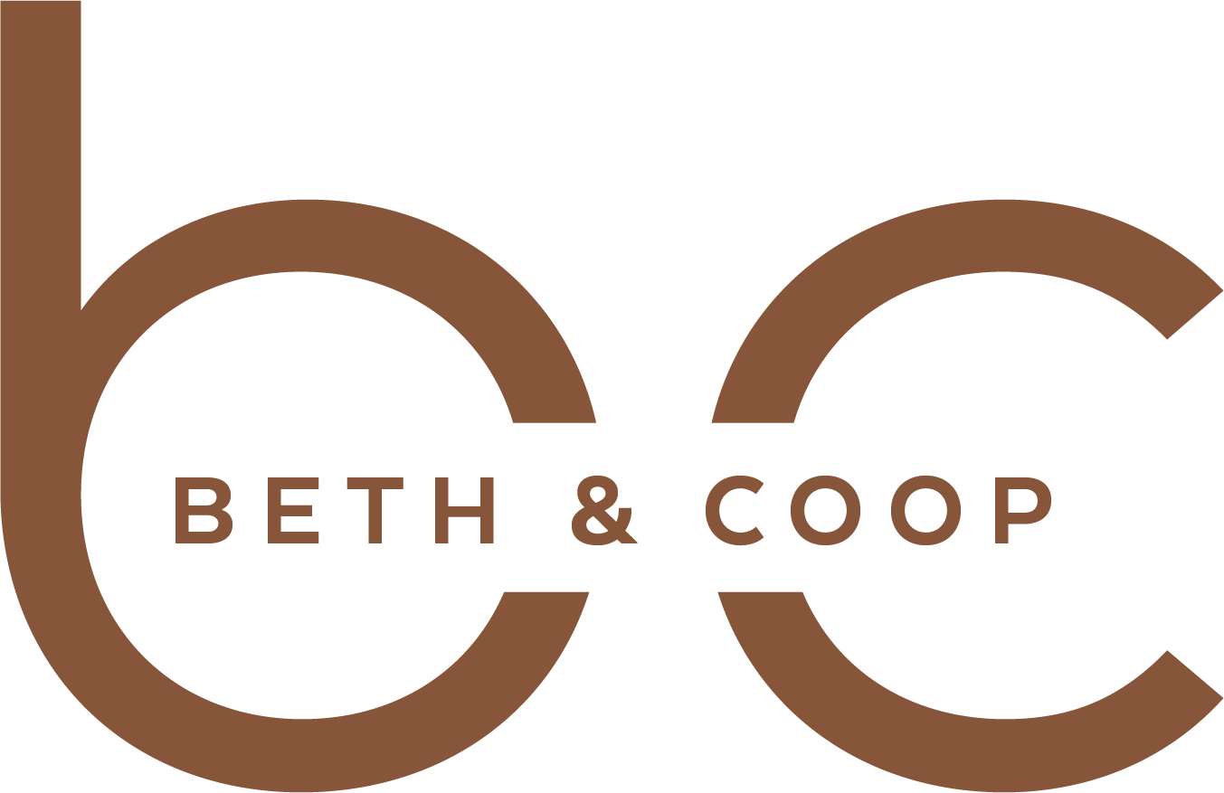 The image appears to show a stylized logo with the text "beth & coop" in a serif font, elegantly designed with the letters "b" and "c" interconnected in a loop,