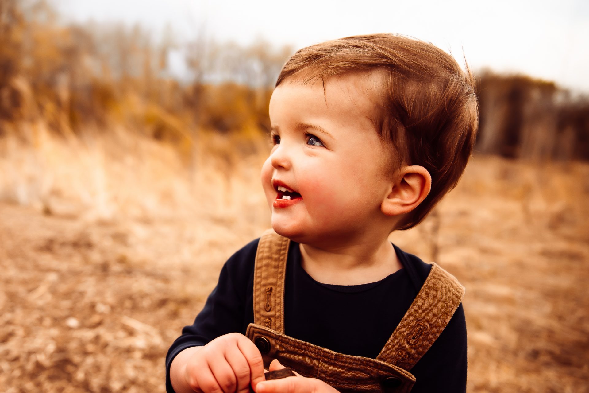 A joyful toddler in overalls smiles with a sense of wonder amidst an autumn landscape, embodying the spirit of inclusion found within a children's book about disabilities.