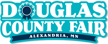 Logo of the Douglas County Fair, featuring a festive blue and white color scheme with decorative elements, inclusive symbols, and text, highlighting the event in Alexandria, MN.