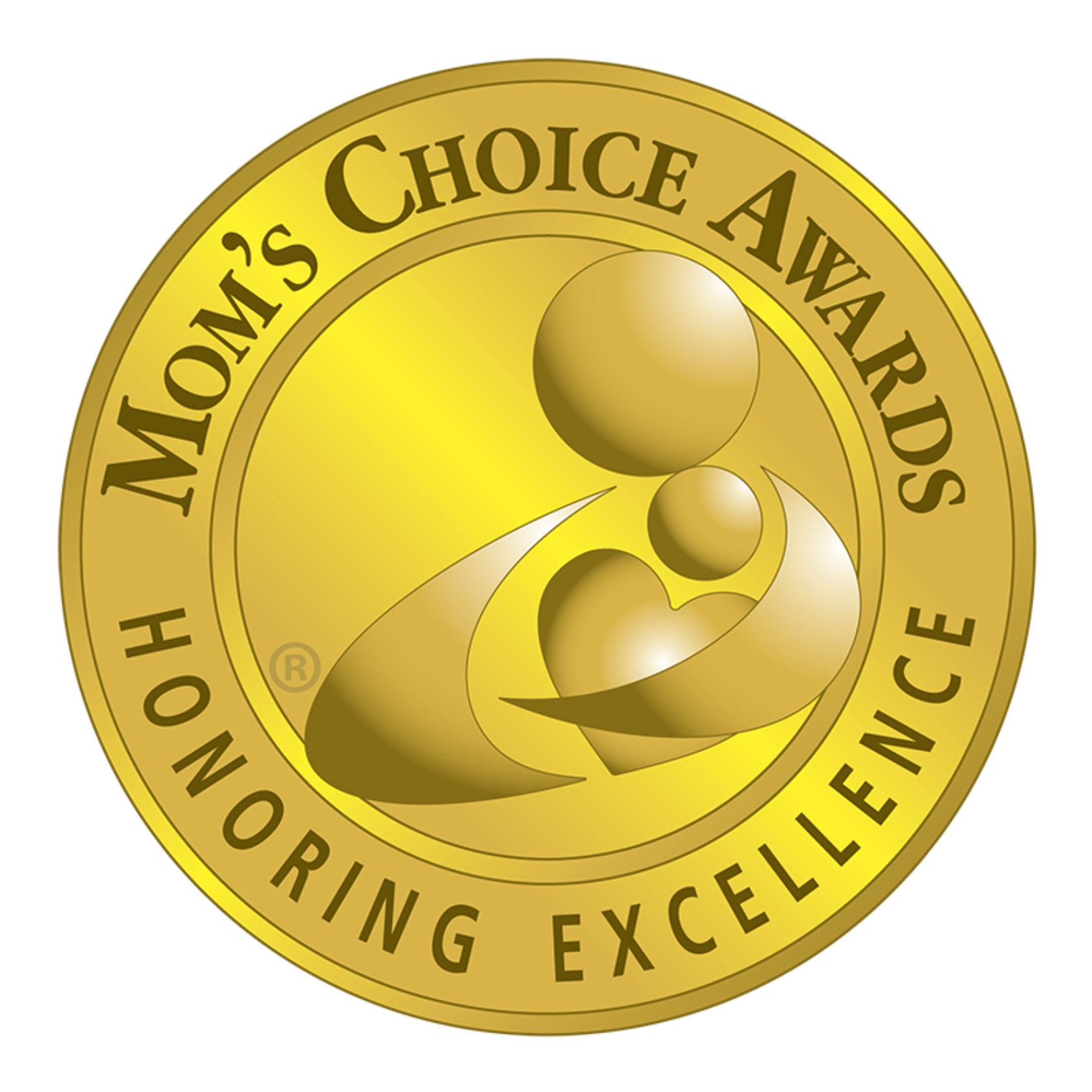 Golden seal emblem for "mom's choice awards" featuring an abstract representation of a mother and child, symbolizing excellence in inclusion honored by maternal approval.