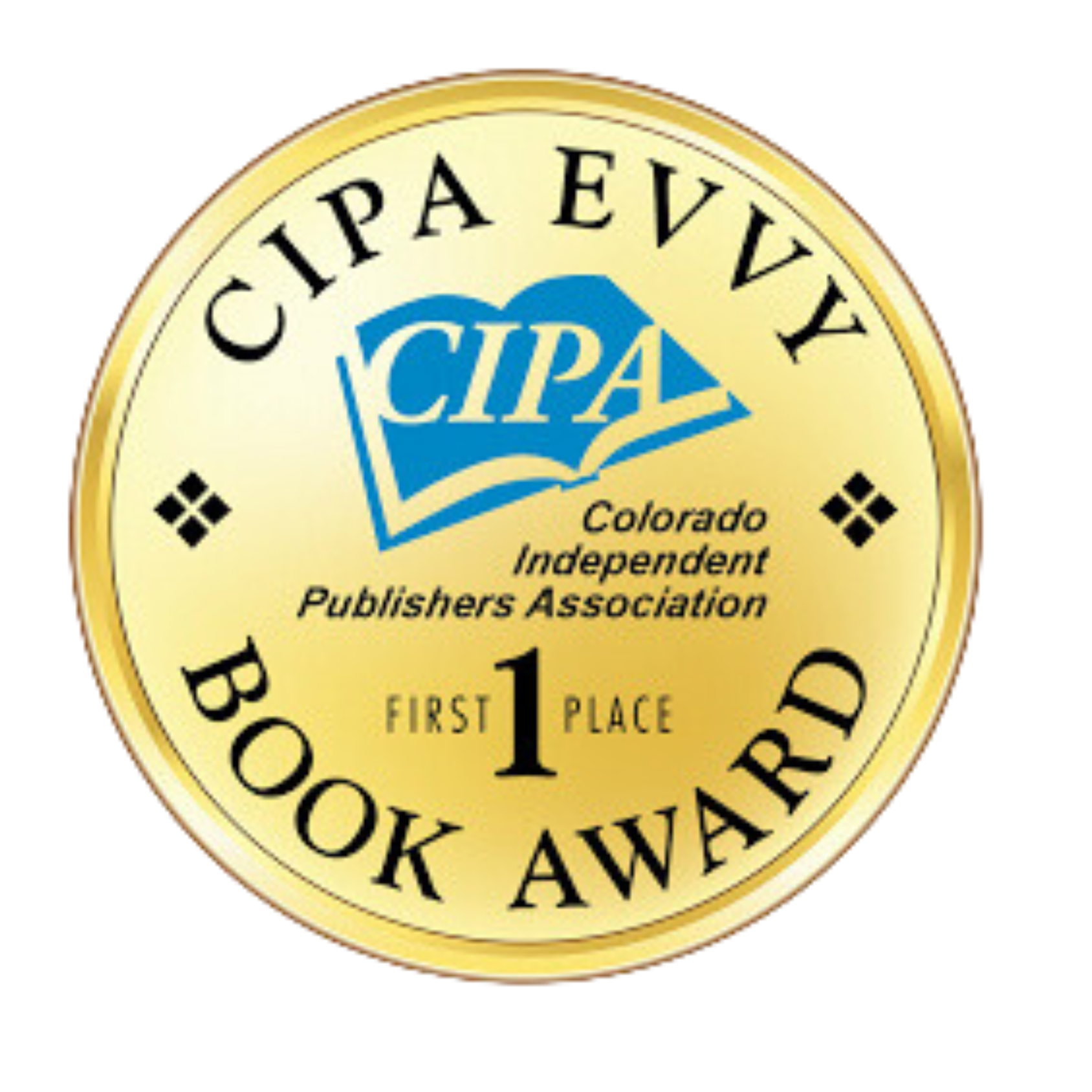A gold-colored medallion representing the "cipa evvy book award" for first place in the children's book about disabilities category by the colorado independent publishers association.