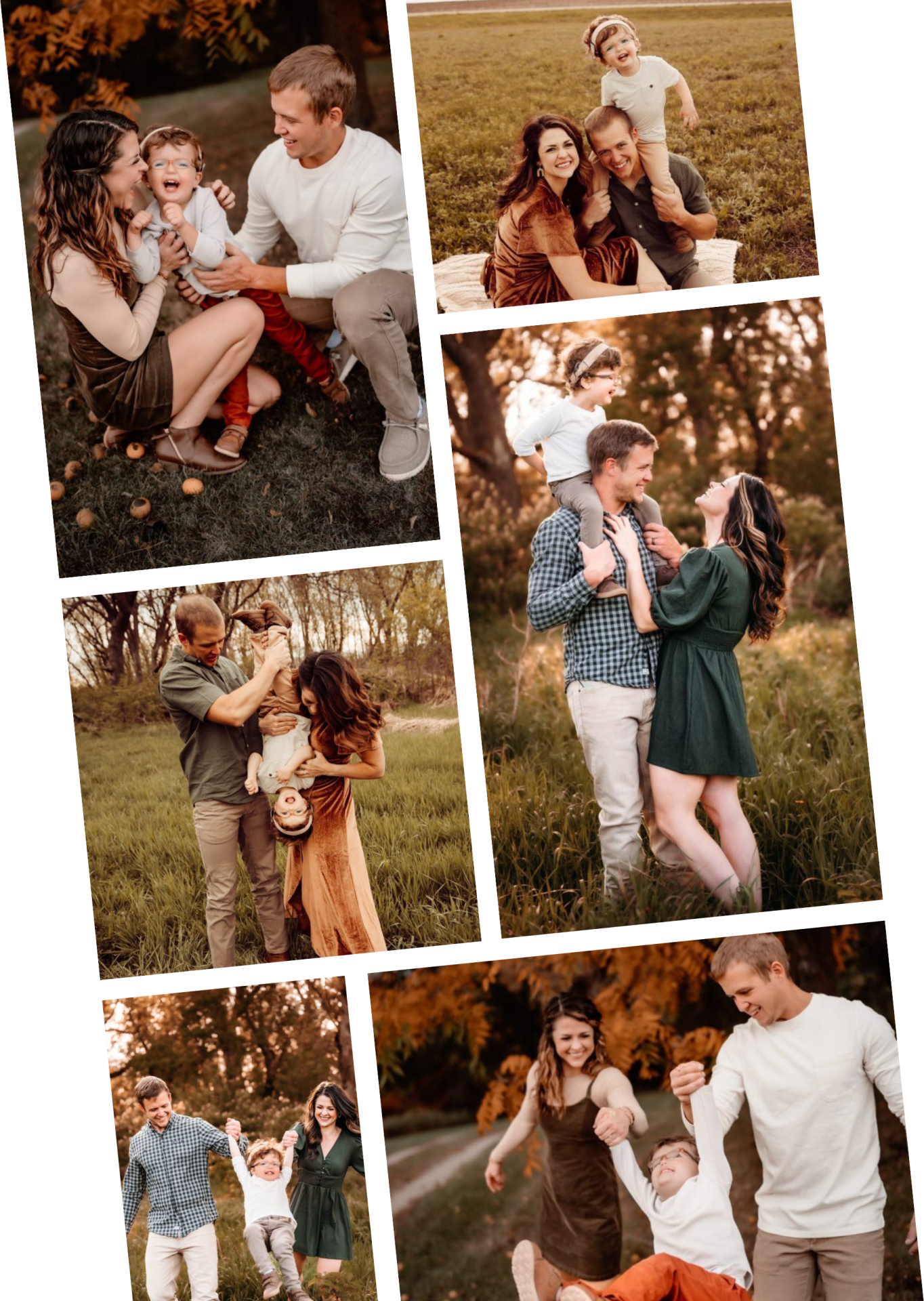 A collage of playful family moments in a grassy field. Parents and two children, joyfully raising a deaf child, laugh and hug under warm, natural light. The family shares joyful interactions and activities, showcasing their bond and happiness.