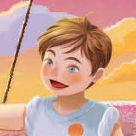 Illustration of a smiling child with short brown hair and blue eyes, wearing a light blue shirt, set against a colorful sunset sky with clouds.