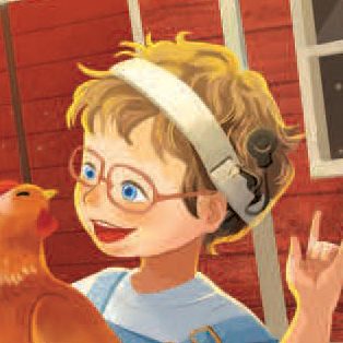 A smiling child with blond hair, glasses, and a white headband with a black device attached, holds a brown chicken. A red wooden building with a window is in the background.