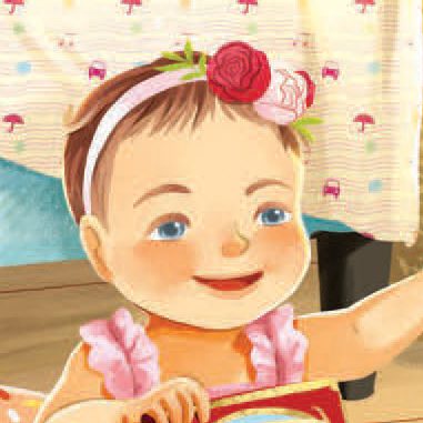 An illustrated baby with short brown hair, wearing a pink headband with two flowers and a ruffled pink outfit, is smiling while holding a book. A patterned cloth and furniture are in the background.