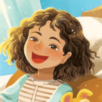 An illustrated girl with curly brown hair and a big smile sits up in bed, wearing a striped shirt and a light blue blanket, with bright sunlight streaming in behind her.