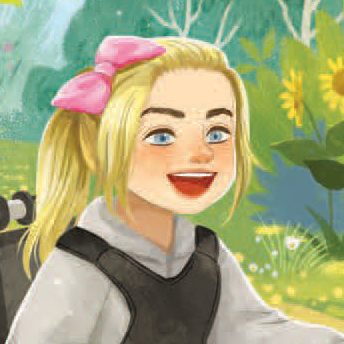 Illustration of a smiling girl with blonde hair, a pink bow, blue eyes, and a white shirt, set against a bright outdoor background with green plants and yellow flowers.